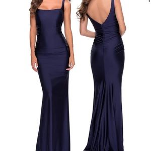 La Femme | Square Neck Trumpet Gown | Navy | 4